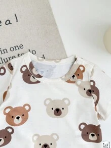 SHEIN Bộ 6 món/Bộ đồ ngủ thường ngày cho bé trai sơ sinh họa tiết gấu hoạt hình dễ thương & sọc, cổ tròn, tay ngắn và quần short, mùa hè - màu nâu - Xem 3