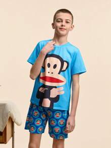 Paul Frank X SHEIN Tween Boy Cartoon Monkey Print Loose Summer T-Shirt And Shorts Pajama Set - Blue - View 3