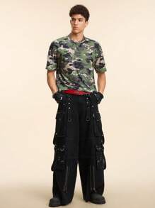 Paul Frank X SHEIN Men's Camo & Cartoon Print Round Neck Short Sleeve T-Shirt, Suitable For Summer