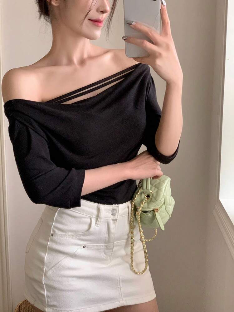 Women Summer Solid Color Casual V-Neck Short Sleeve T-Shirt