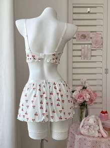 PetitDoll 5pcs Set: Cherry Print Ruffle Trim Top, Puff Tulle Skirt & Fishnet Stockings Sexy Intimate Lingerie Set - White - View 7