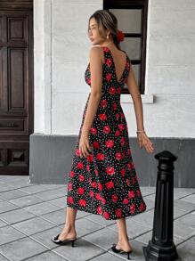 Pariaura Vestido casual de playa y verano para mujer con estampado floral, escote en V, encaje de contraste y sin mangas