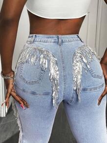 Slaydiva Pantalones vaqueros ajustados de cintura alta con decoración de flecos para mujeres - Lavado ligero - Ver 3