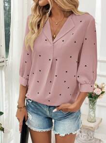 SHEIN LUNE Áo cánh lật cổ chữ V cho nữ tay lỡ in hình trái tim giản dị, lãng mạn, thanh lịch - Hồng - Xem 6