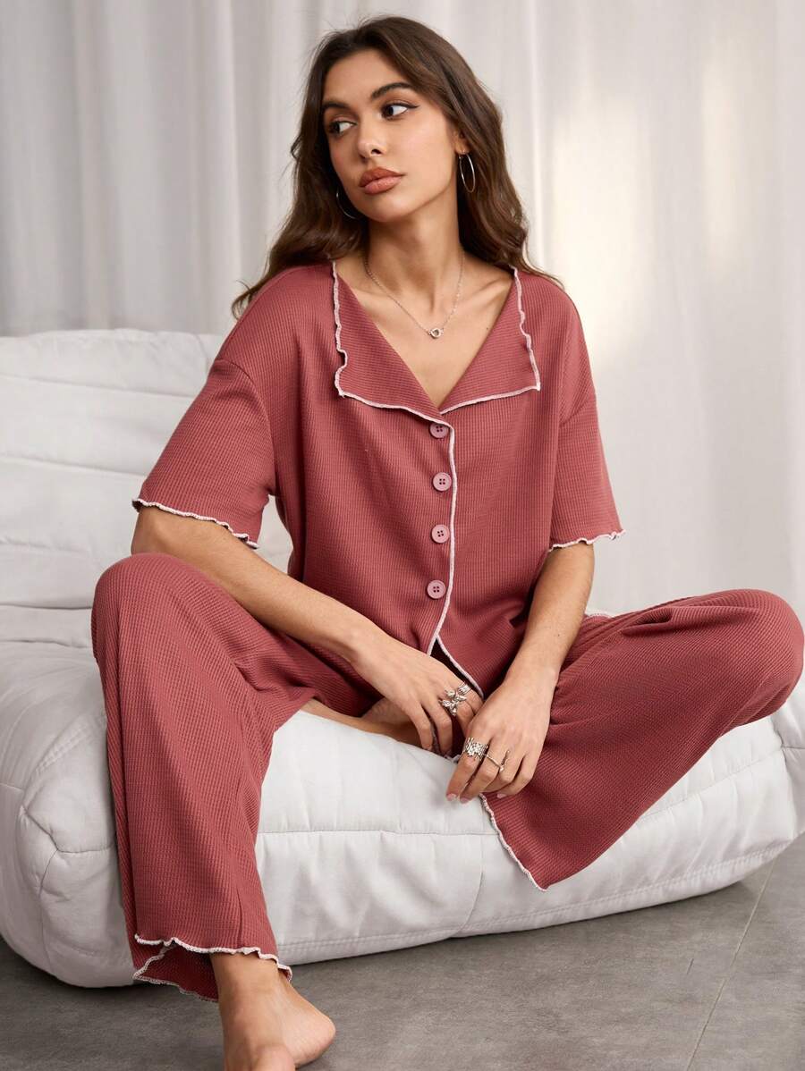 SHEIN 女士休闲撞色领口和下摆开襟衬衫和短裤睡衣套装，简约 - 乾枯玫瑰色 - 查看 1