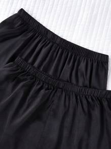 SHEIN 女童三件套睡衣套装，包括黑色简约多臂提花面料长裤、短裤和翻领短袖上衣，休闲睡衣 - 黑色 - 查看 7