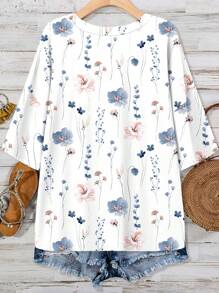SHEIN LUNE maglietta oversize da donna con scollo a V e stampa floreale ad acquerello, adatta per la primavera/estate