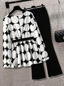 Celure 2pcs/Set Plus Size Long Sleeve Tie-Front Top And Solid Color Pants - Black and White - View 2