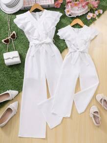 Young Girl Fashion Floral Frill Trim Wide Leg Jumpsuit - White - View 1