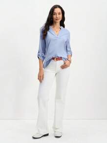 EMERY ROSE Women's Solid Color V-Neck Rolled Cuff Loose Casual Shirt, Spring Clothes - Blue - View 4