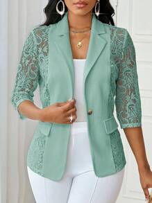 SHEIN Lady Four Season White Suit Women Blazers Women Coat Lace Splicing Elegant Suit