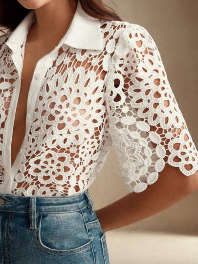 Anewsta Women's Elegant Floral Hollow-Out Lace Blouse, Vacation, Holiday, Beach, Festival, Summer, Spring