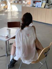 DAZY 女士/女孩休闲蝴蝶结印花长袖衬衫，秋装 - 白色 - 查看 11
