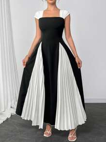 Modelyn Vestido con pliegues en el hombro, bajo con pliegues y color de contraste empalmado