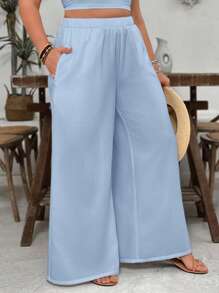SHEIN VCAY Plus Size White Textured Fabric Loose Casual Wide Leg Pants With Pockets, Suitable For Vacation & Valentine's Day,Summer Pants