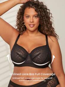 LUVLETTE Plus Sexy Lingerie Lounge Curve Sheer Full Coverage Unlined Lace Elegance Chic & Cozy Minimizer Black Bra