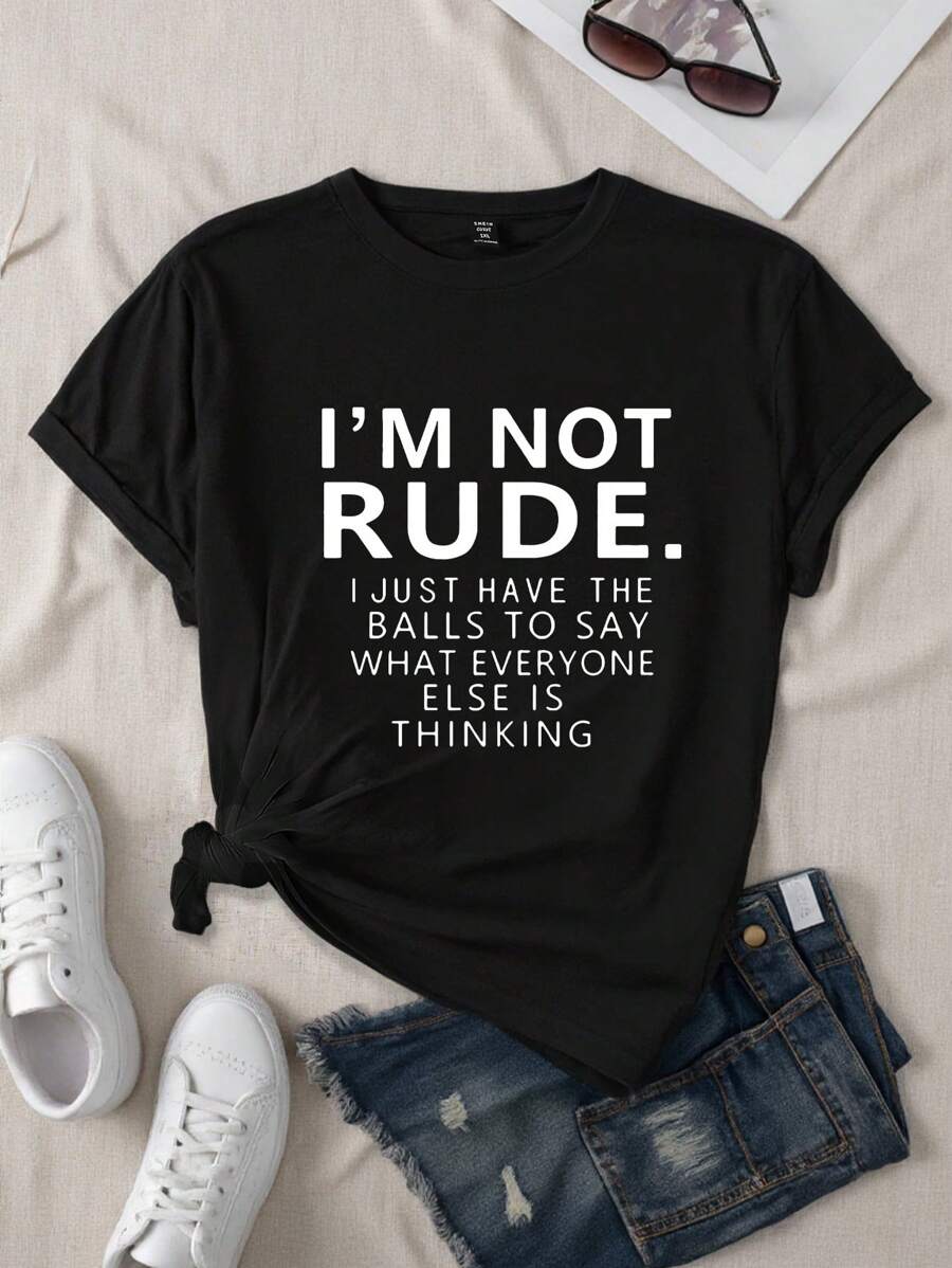 INAWLY Plus Size Letter Print Round Neck Short Sleeve T-Shirt, Suitable For Summer - Black - View 1