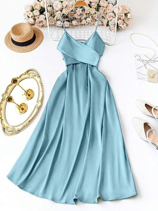 DreamSkyne Exquisite & Elegant  Plus Size Women Solid Color Satin Camisole Tie Strap Elegant Dress