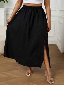 SHEIN PETITE CURVE 大码休闲纯色高开衩裙 - 黑色 - 查看 4