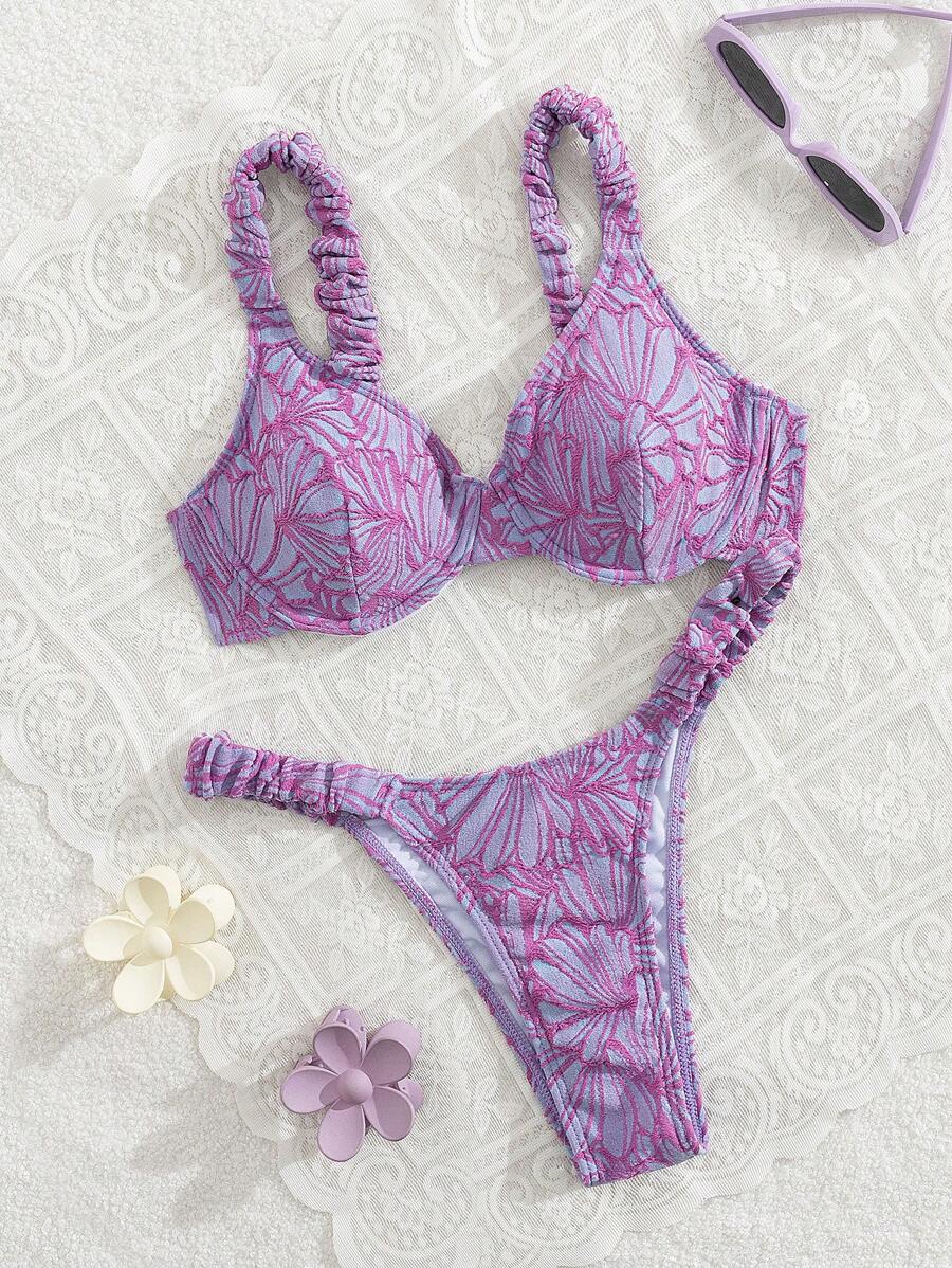 Swim Mod 2pcs Springbreak Women Summer Vacation Beach Outfits, Solid Color Floral Fabric Ruched Thick Strap Cute Bikini Set - Purple - View 1