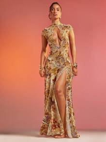 Hauture Abstract Floral Animal Print Lace Mesh Dress Vacation Dress