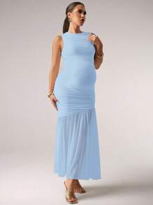 MaterniChic Maternity Elegant Solid Color Ruched Sleeveless Dress Baby Shower Classy Outfits Fairycore