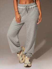 SHEIN Forever 21 Calças Femininas, Calças Jogger Femininas, Calças Folgadas, Calças de Verão, Calças Casuais Femininas, Calças Denim Mãe, Calças de Moletom Cinza, Roupas de Descanso Femininas, Roupas de Descanso para Brunch Femininas - Cinza - Visão 5