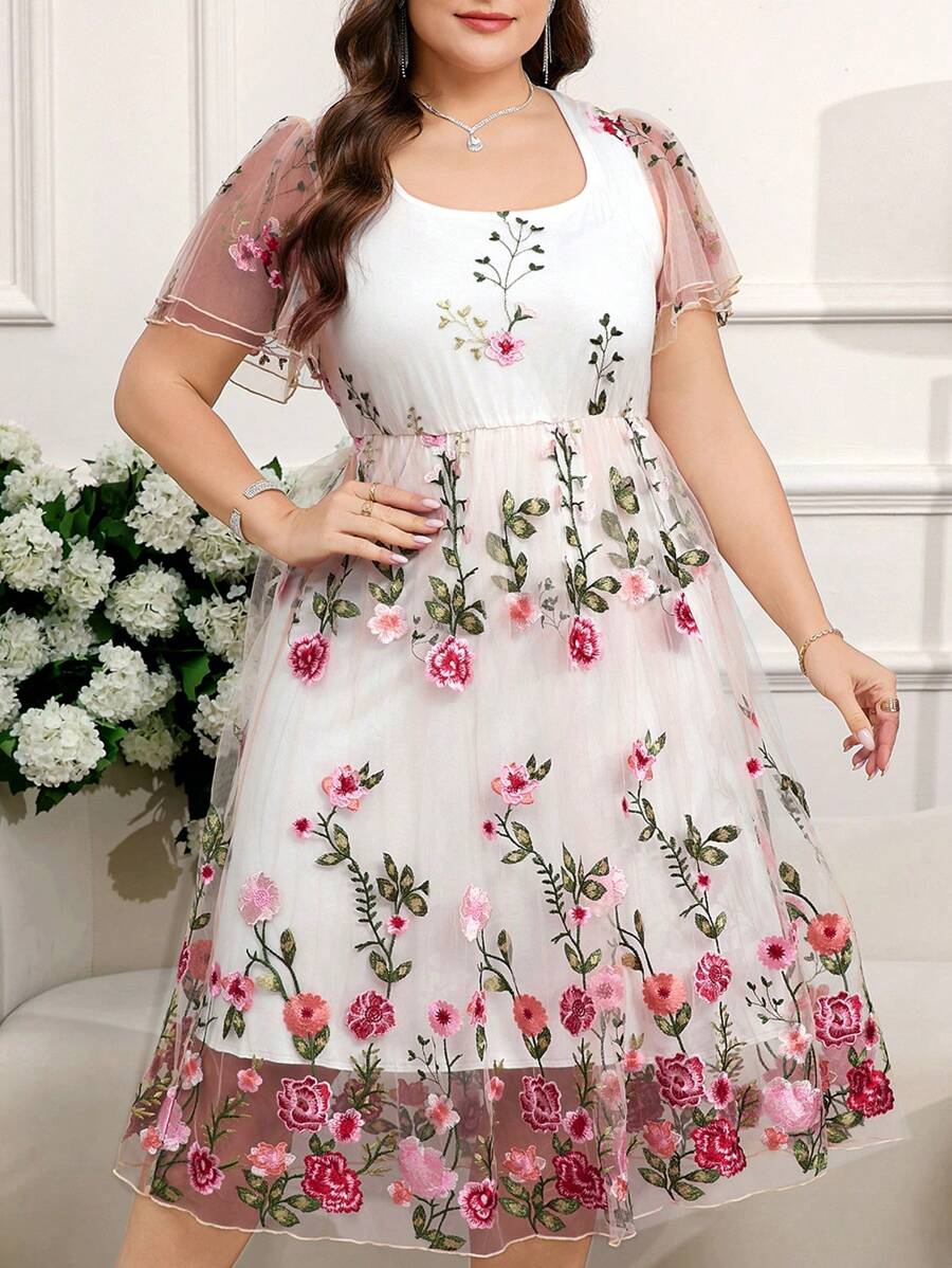 SHEIN Clasi 女大尺碼花卉刺繡中長洋裝,白色夏季新娘優雅婚禮賓客婚禮派對蕾絲網紗飄逸洋裝,彈性腰身套裝 - 彩色 - 查看 1
