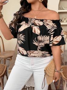 Weeklong Elegante Bluse mit Tropical Plant Muster und Carmen-Ausschnitt für Damen in Große Größen - Verschiedenfarbig - Übersicht 6