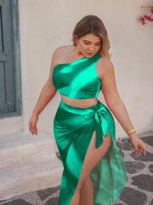 Swim Oasis Plus Size Women's Premium Oasis 3 Pieces Set: Yellow Tie-Dye Print Asymmetric Top With Ruched Waist Pants, Coordinated With Tie-Dye Placement Print Mesh Skirt, For Summer Beach Vacation - Green - View 1