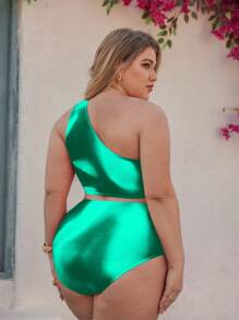 Swim Oasis Plus Size Women's Premium Oasis 3 Pieces Set: Yellow Tie-Dye Print Asymmetric Top With Ruched Waist Pants, Coordinated With Tie-Dye Placement Print Mesh Skirt, For Summer Beach Vacation - Green - View 5