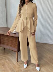 SHEIN Maternity Two Pieces Suits - Khaki - View 5