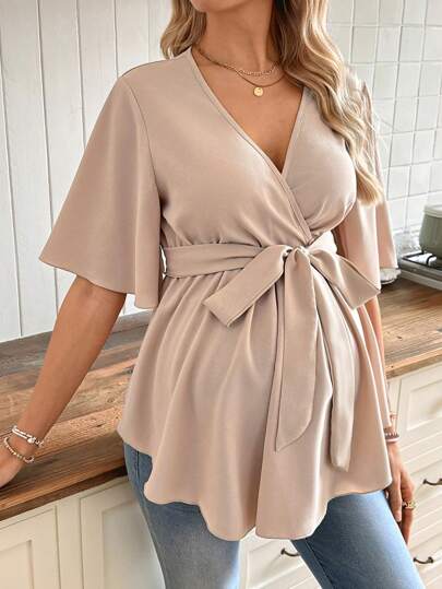 SHEIN V-Neck Ruffle Maternity Blouse With Belt