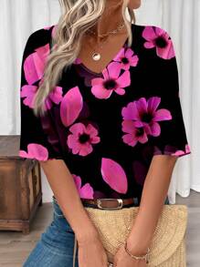 EMERY ROSE Casual Simple Loose V-Neck 3/4 Sleeve Blouse For Women, Summer - Multicolor - View 1