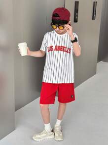 2pcs/Set Tween Boys White Letter Print T-Shirt & Loose Red Shorts Set - Multicolor - View 2