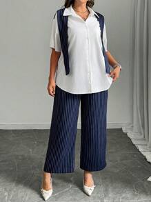 SHEIN LUNE Set de 2 piezas de camisa y pantalones a rayas, adecuado para uso diario y viajes, tallas grandes
