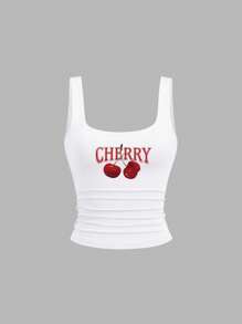 Sweetra Top de tirantes casual de mujer con estampado de cerezas, escote cuadrado y fruncido, para verano