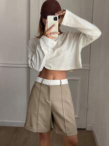 Livesso Women's Casual Straight Leg Patchwork Colorblock Pocket Shorts, Spring/Summer - Khaki - View 6