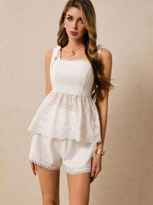 Poéselle Women Two Pieces Outfits For Daily Wear,White Lace Shoulder Strap Bow Top And Shorts Set,Summer Clothing - White - View 5