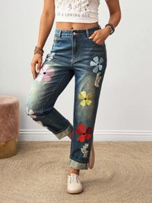 EMERY ROSE 女士花卉刺绣破洞口袋直筒休闲牛仔裤 - 霧霾藍 - 查看 4
