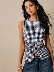 Poéselle Women's Sleeveless Plaid Shirt, Minimalist And Fashionable, Old Money Style, It Is Suitable For Wearing In Daily Life, Commuting, Going Out, Dates And Other Occasions,Suitable For Summer,The Fabric Is Comfortable And Breathable.Poeselle - Navy Blue - View 2