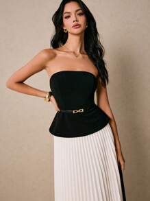 Poéselle 女士两件套西装黑色上衣和优雅百褶裙，度假套装，优雅女士套装，老钱风格女士，度假两件套，女士夏季服装