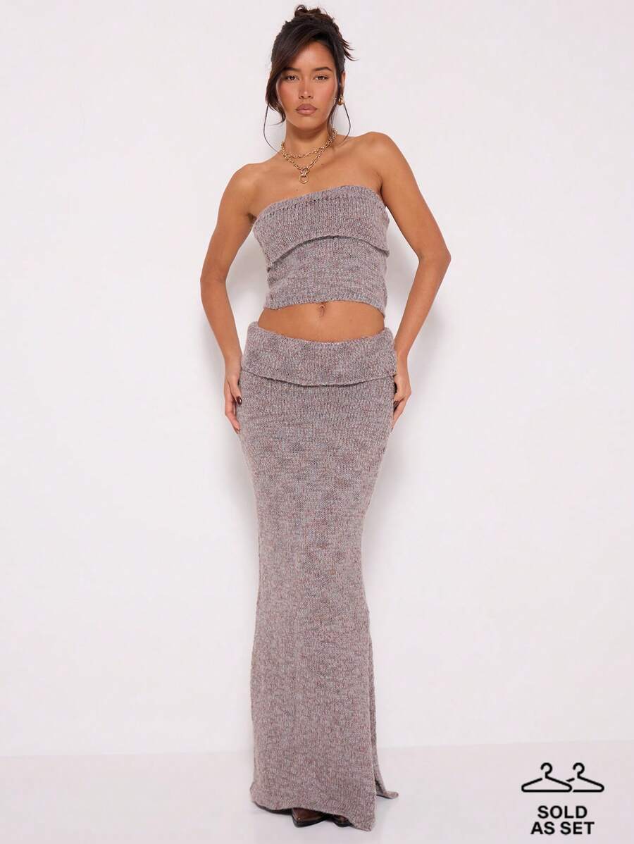 MUSERA Knit Foldover Maxi Skirt & Bandeau Crop Top Set Sexy Winter Spring Cosy Date Night Elegant - Brown - View 1