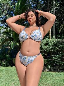 Swim Vcay Plus Size Women 2pcs 3D Floral Print Pearl Decor Bikini Set, Casual & Sexy Swimwear For Beach Vacation