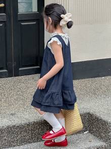 DAZY 少女夏季水洗无袖宽松牛仔背带裙 - 藍色 - 查看 2