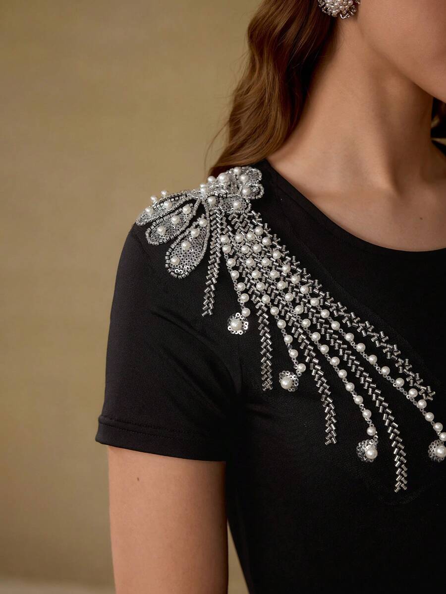 MOTF PREMIUM RHINESTONE FLARE HEM DRESS - Black - View 2