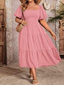 SHEIN Clasi Plus Size Women Vacation Leisure Solid Color Bubble Sleeve Wrap Waist Dress Maxi Women Outfit - Pink - View 5