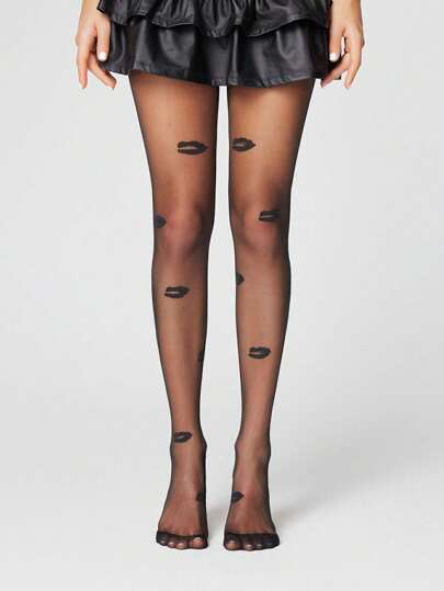 Kawaii 1pair Dark Goth Sexy Black Lips Black Fishnet Stockings, Halloween