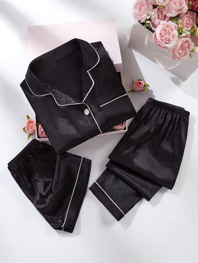 Girls 3 PiecesPajama Set, Including Black Simple Dobby Fabric Pants, Shorts And Turndown Collar Short Sleeve Top, Casual Sleepwear