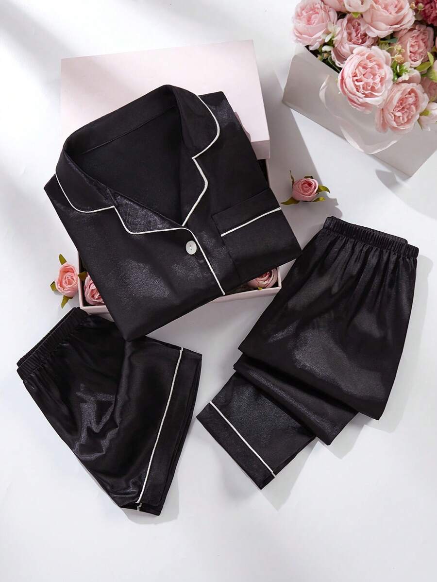 SHEIN 女童三件套睡衣套装,包括黑色简约多臂提花面料长裤、短裤和翻领短袖上衣,休闲睡衣 - 黑色 - 查看 1